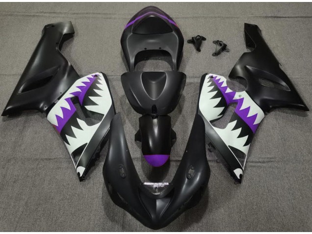 2005-2006 Matte Black and Purple Shark Kawasaki ZX6R Fairings for Sale